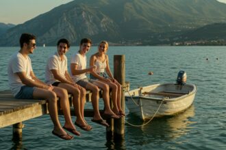 Freundemoment am Gardasee bei Sonnenuntergang