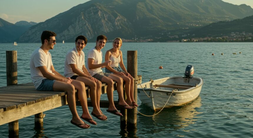Freundemoment am Gardasee bei Sonnenuntergang